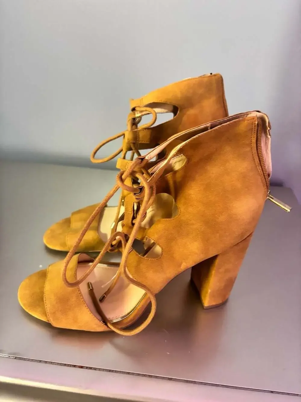 Jessica Simpson Loreez Tan Faux Suede Lace-Up Chunky Block Heels 10